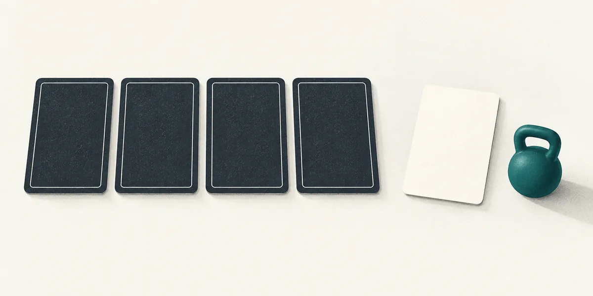 Four cards face down beside one blank card turned face up and a small weight.
