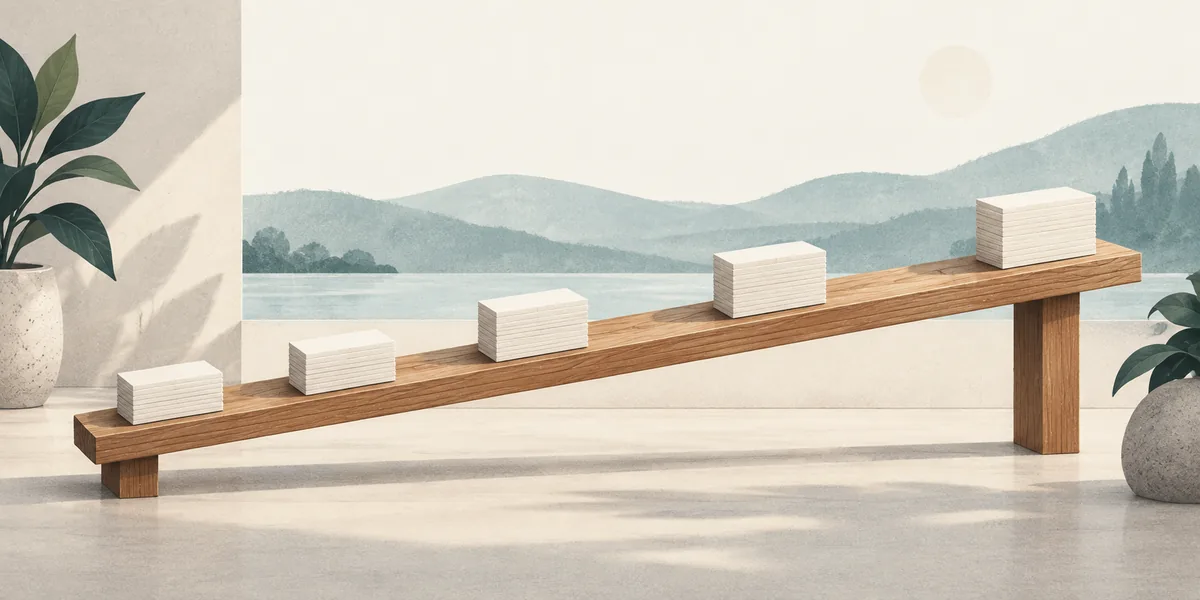 Five stacks of blank cards placed at widening gaps along a rising wooden ramp.